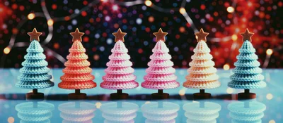 Six Knitted Christmas Tree Decorations On Reflective Surface