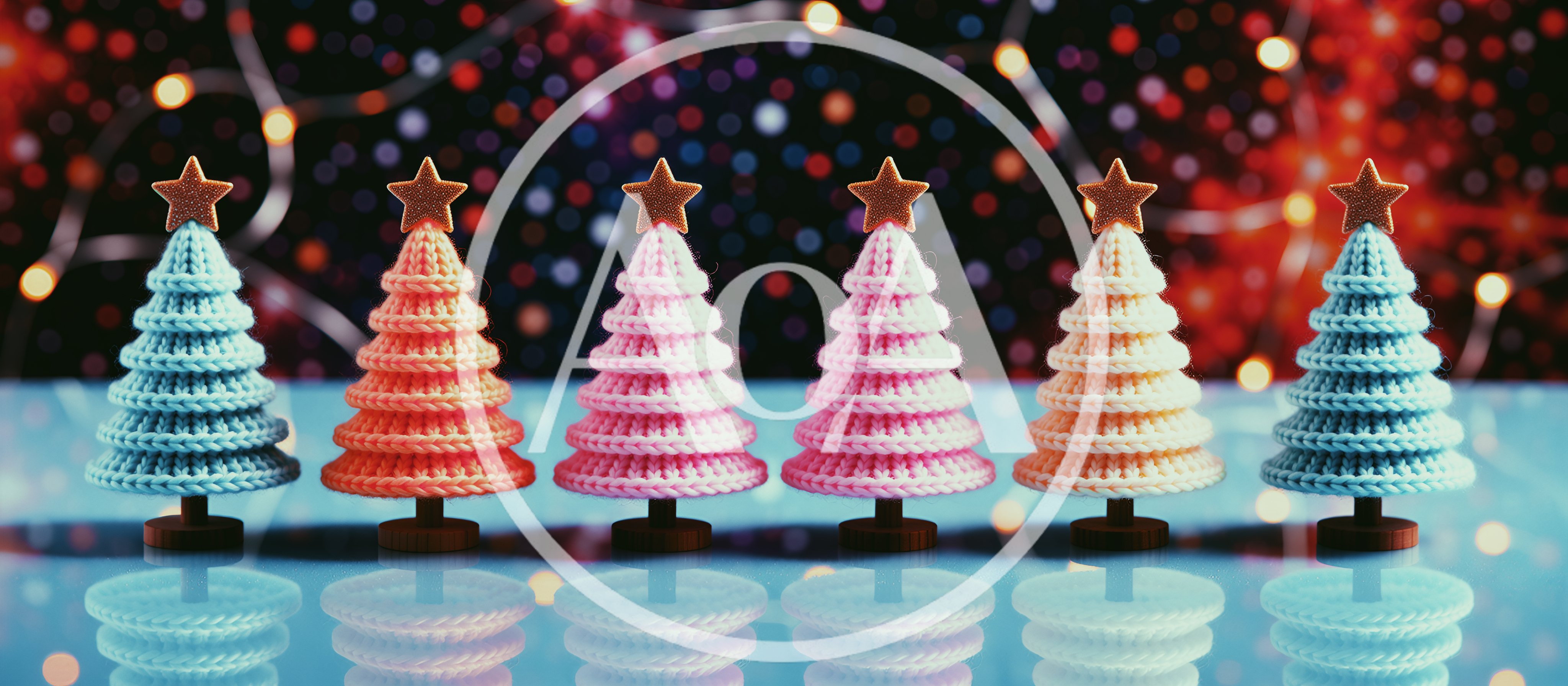 Six Knitted Christmas Tree Decorations On Reflective Surface