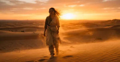 Woman Walking Through A Desert Sandstorm At Sunset