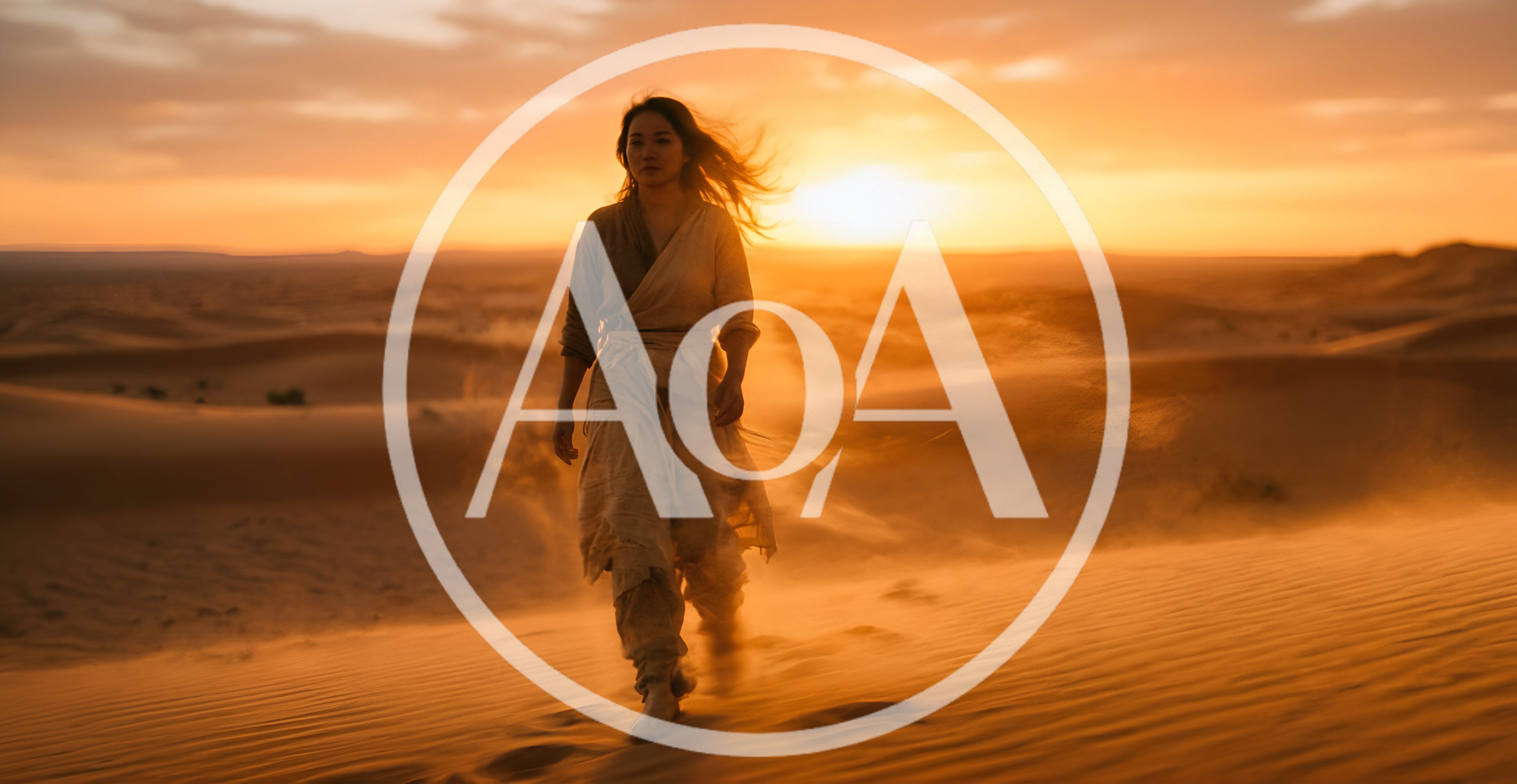 Woman Walking Through A Desert Sandstorm At Sunset