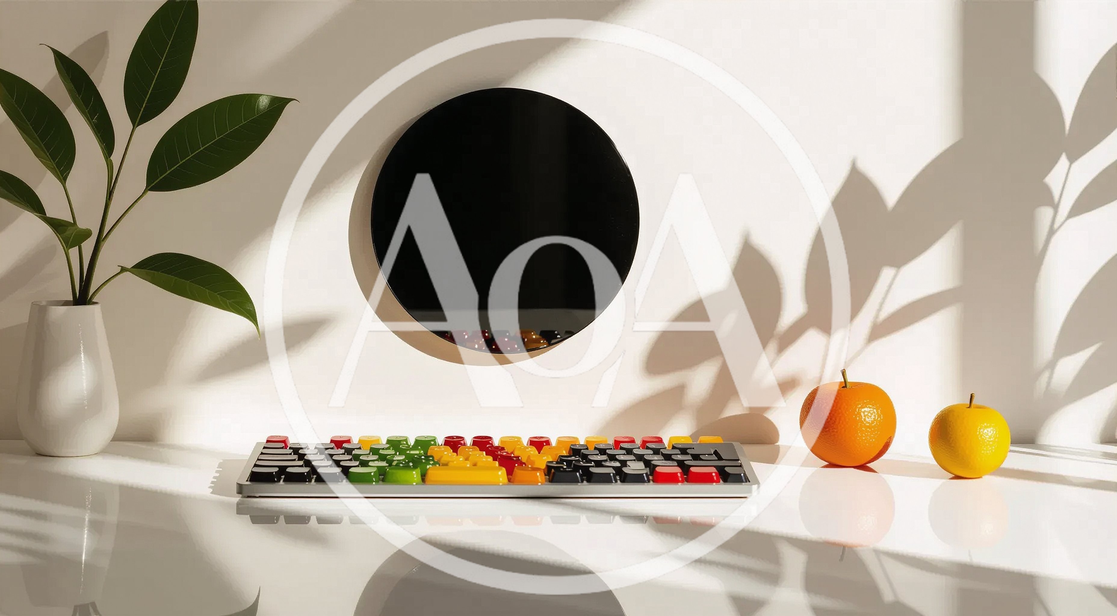 Colorful Mechanical Keyboard With Fruit On Desk