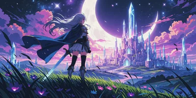 Anime Warrior Girl Standing Before A Crystal Castle