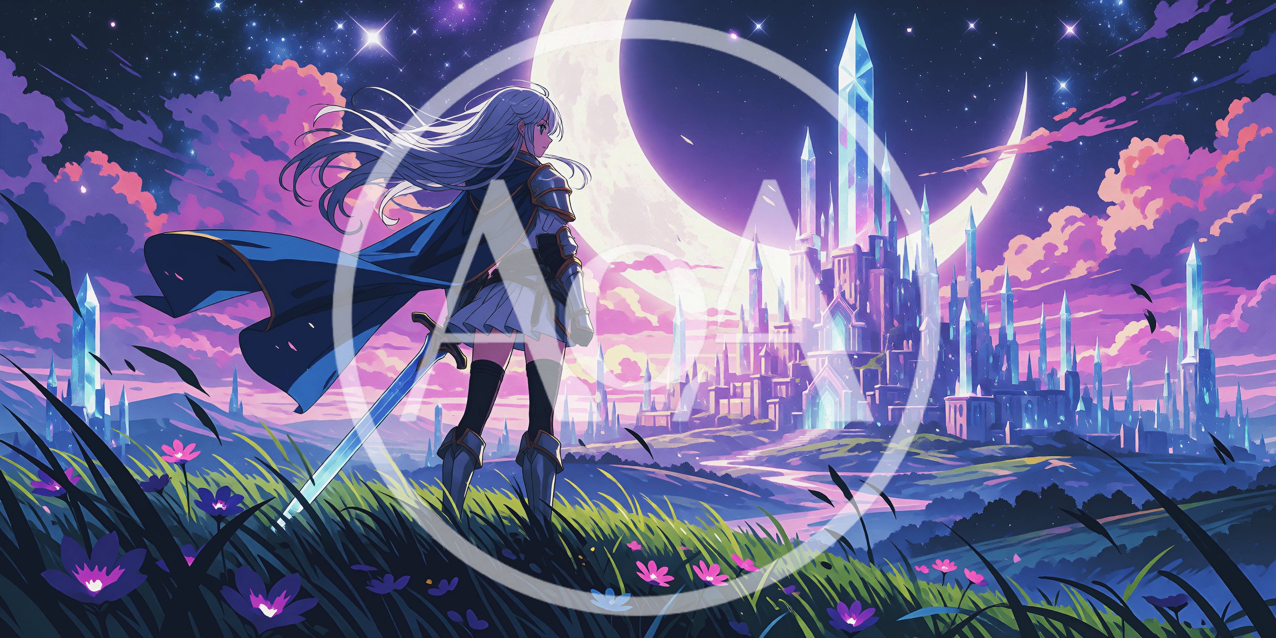 Anime Warrior Girl Standing Before A Crystal Castle