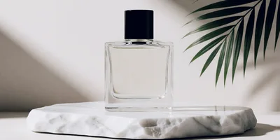 Perfume Bottle on Marble Pedestal with Palm Leaf