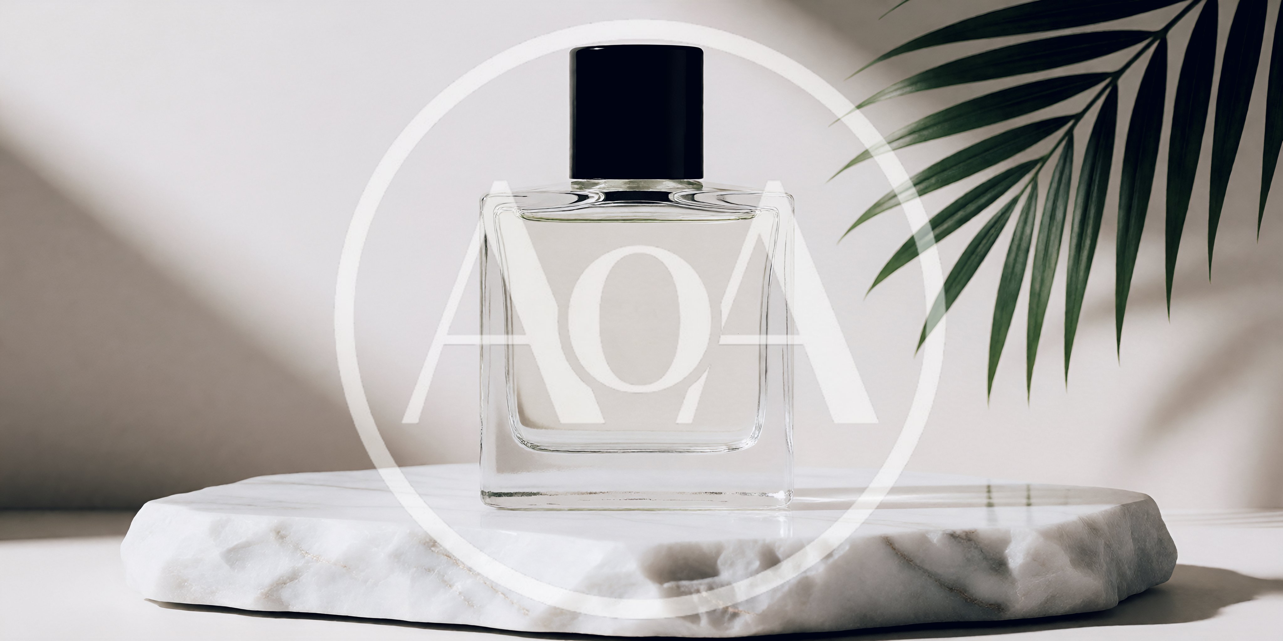 Perfume Bottle on Marble Pedestal with Palm Leaf