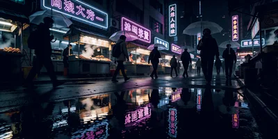 Pedestrians Walking Through Rainy Night Market Street