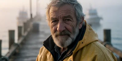 Portrait Of An Elderly Fisherman On A Pier