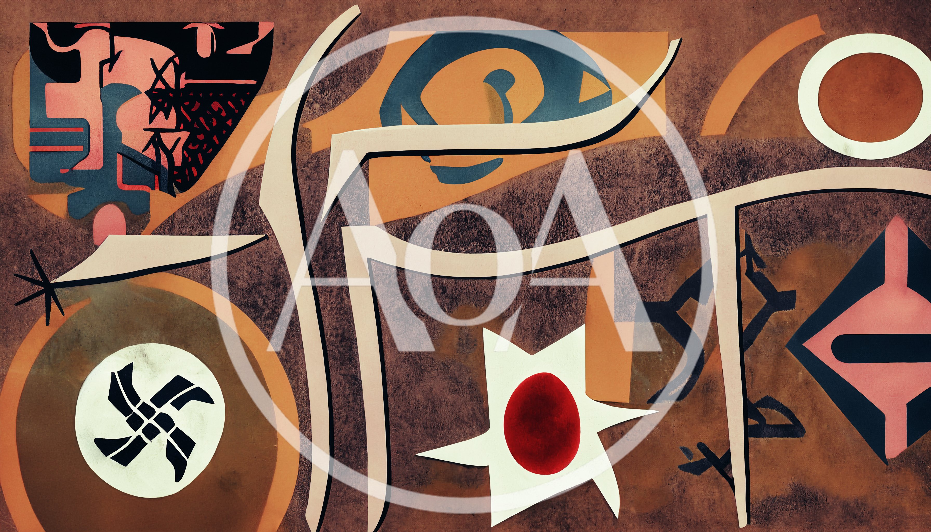 Abstract Surrealist Painting With Geometric Shapes And Symbols