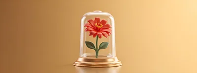 Red Flower Inside A Glass Cloche On Gold Background