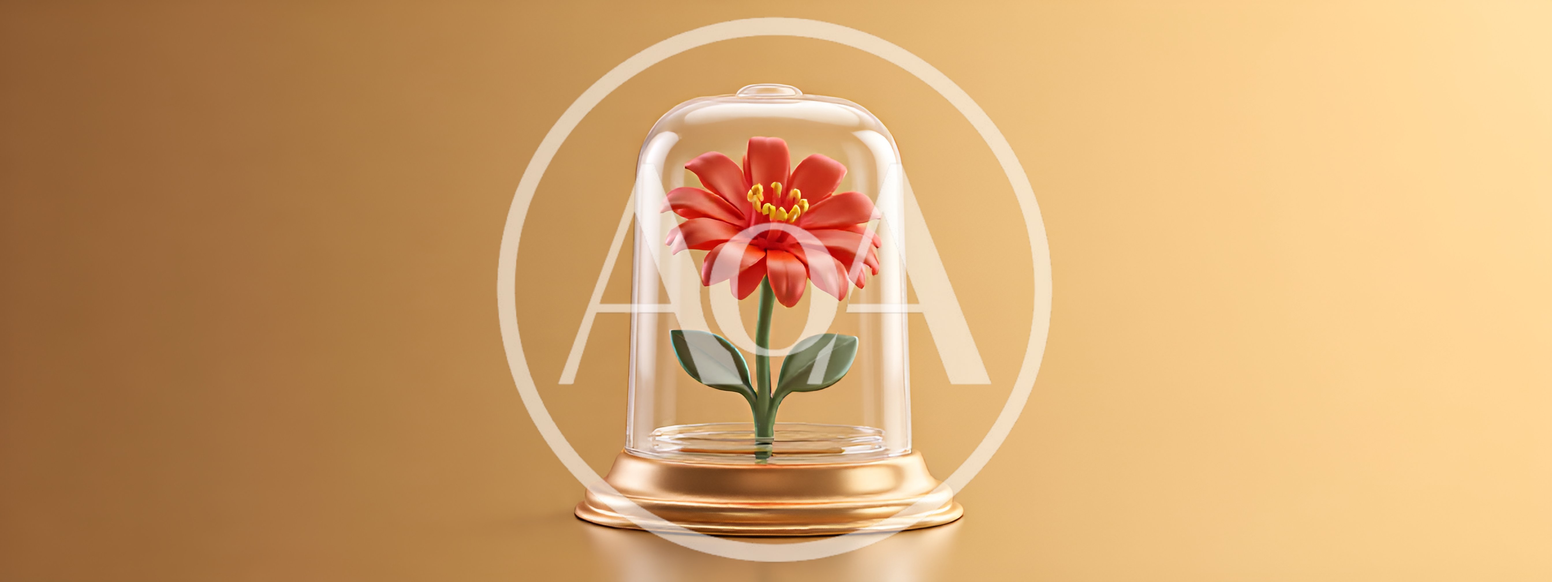 Red Flower Inside A Glass Cloche On Gold Background