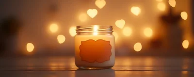 Lit Candle In Glass Jar With Heart Bokeh Background