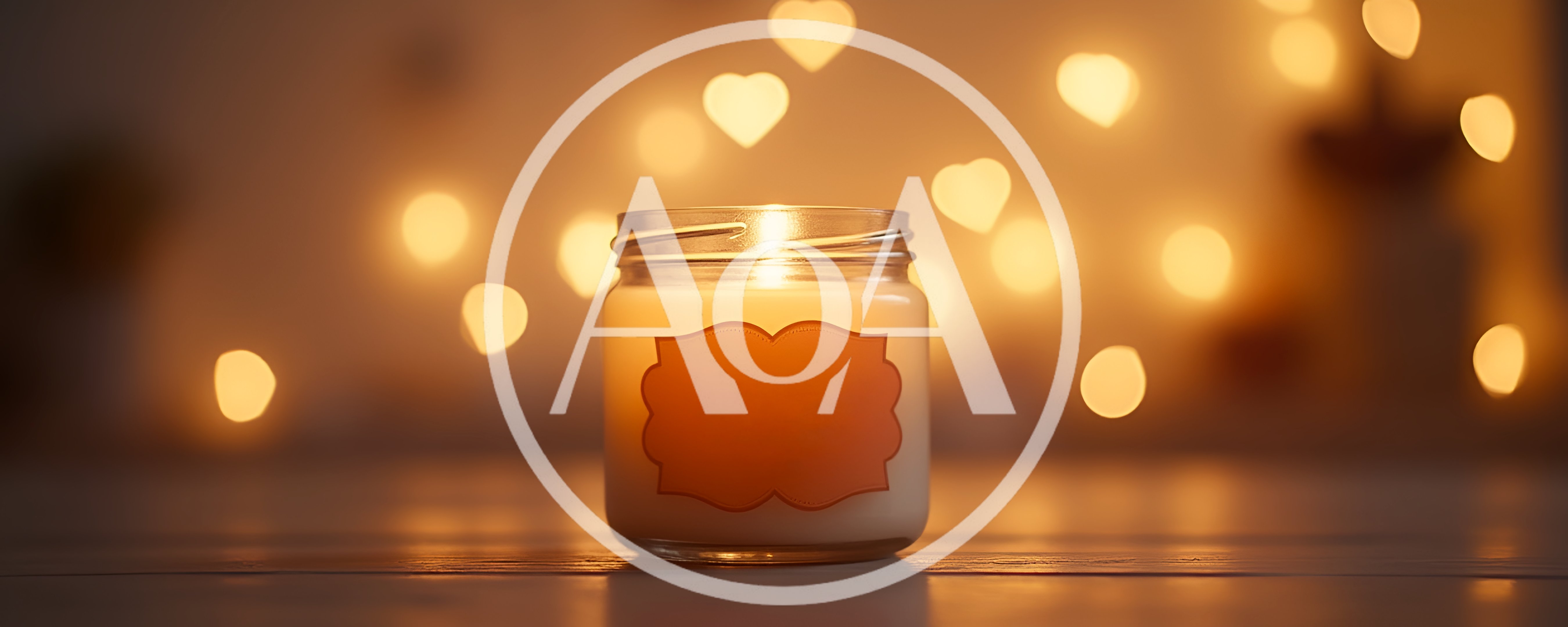 Lit Candle In Glass Jar With Heart Bokeh Background