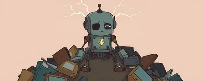 Sad Robot Sitting On A Pile Of Electronic Waste