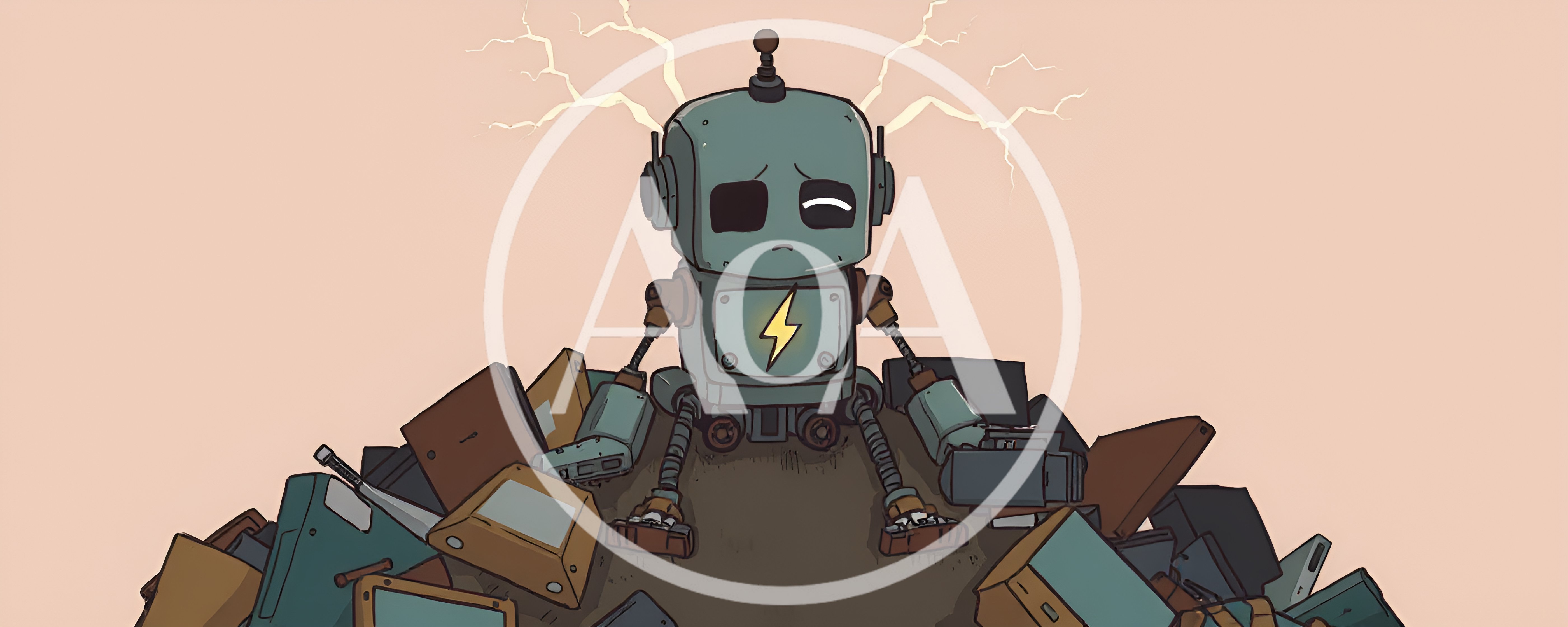 Sad Robot Sitting On A Pile Of Electronic Waste
