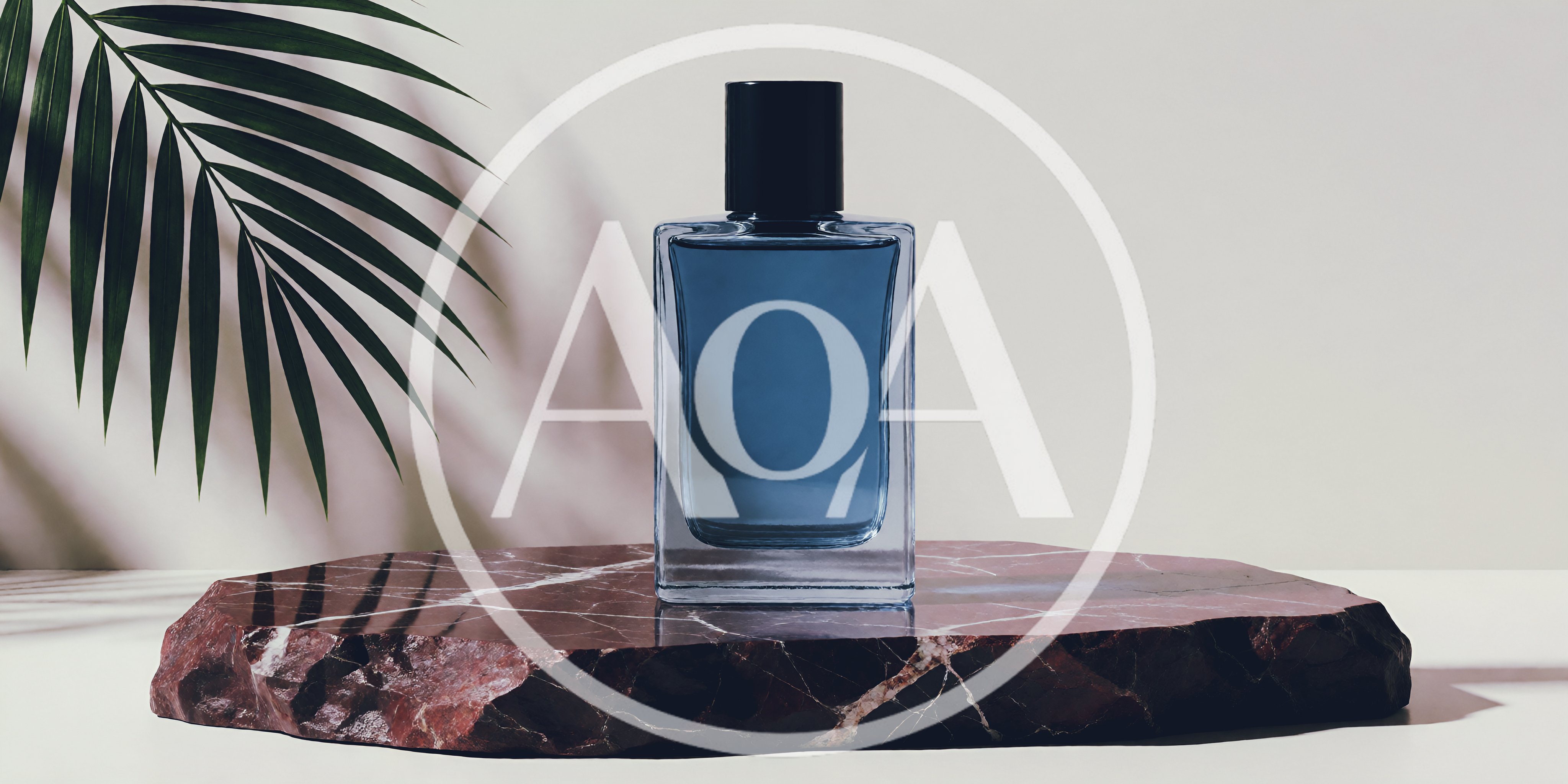 Blue Perfume Bottle On A Marble Stone Pedestal