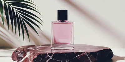 Pink Perfume Bottle On A Marble Stone Pedestal
