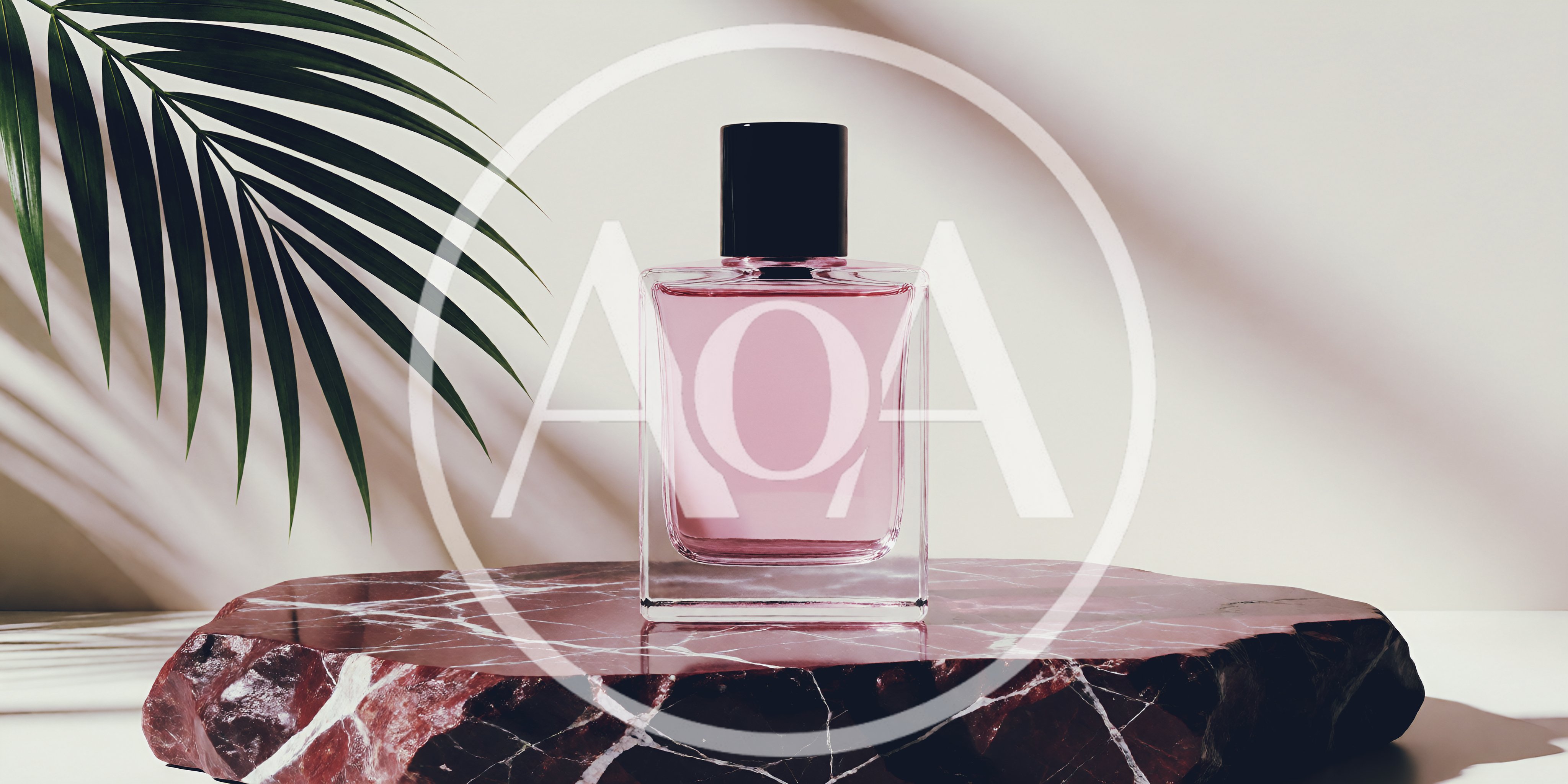Pink Perfume Bottle On A Marble Stone Pedestal