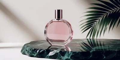 Pink Perfume Bottle On Green Marble Stone