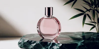 Pink Perfume Bottle On Green Marble Display