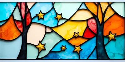 Stained Glass Art Featuring Stylized Trees And Golden Stars