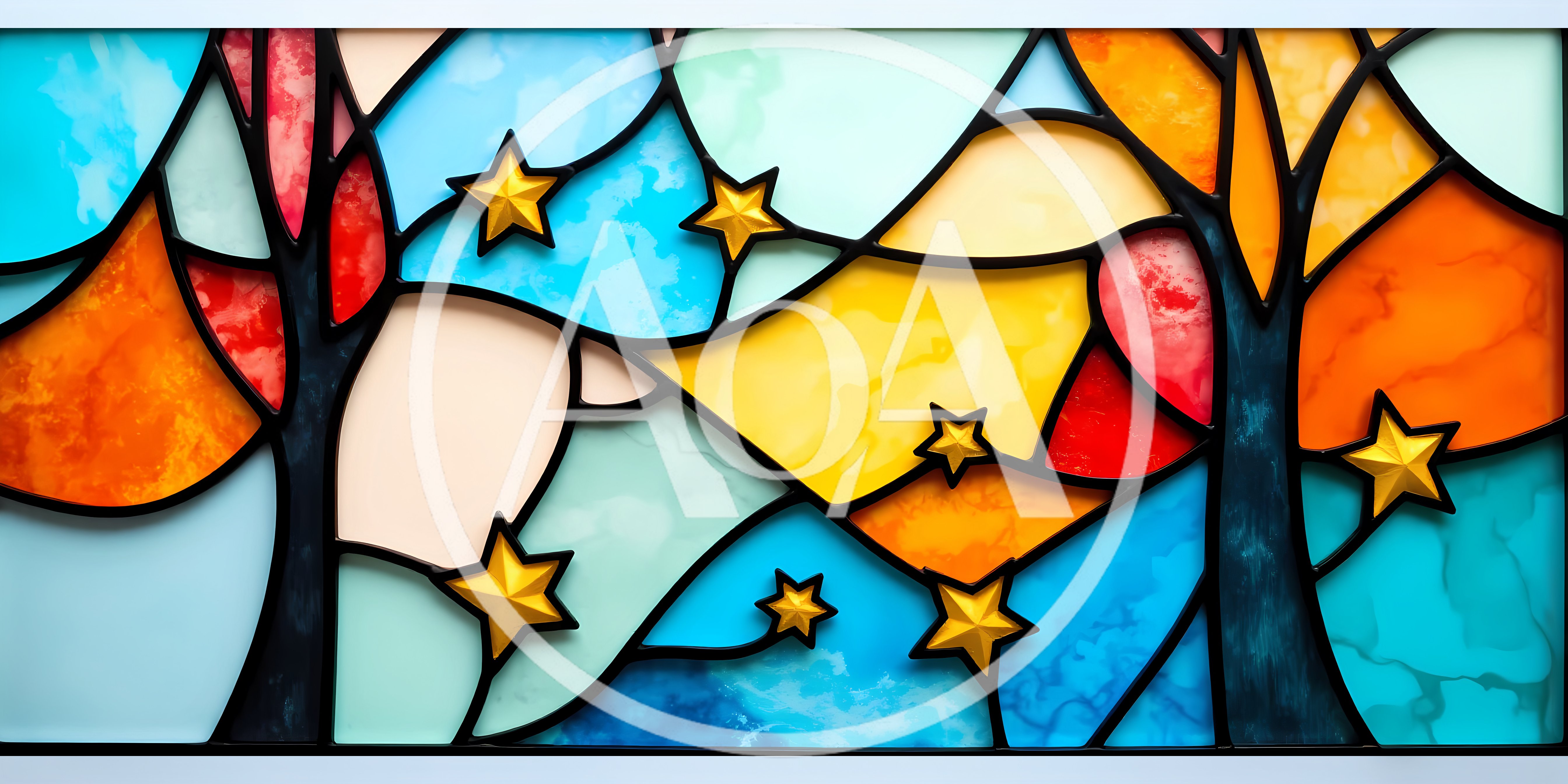 Stained Glass Art Featuring Stylized Trees And Golden Stars
