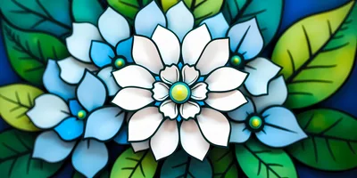 Stained Glass Style Floral Illustration With White And Blue Flowers