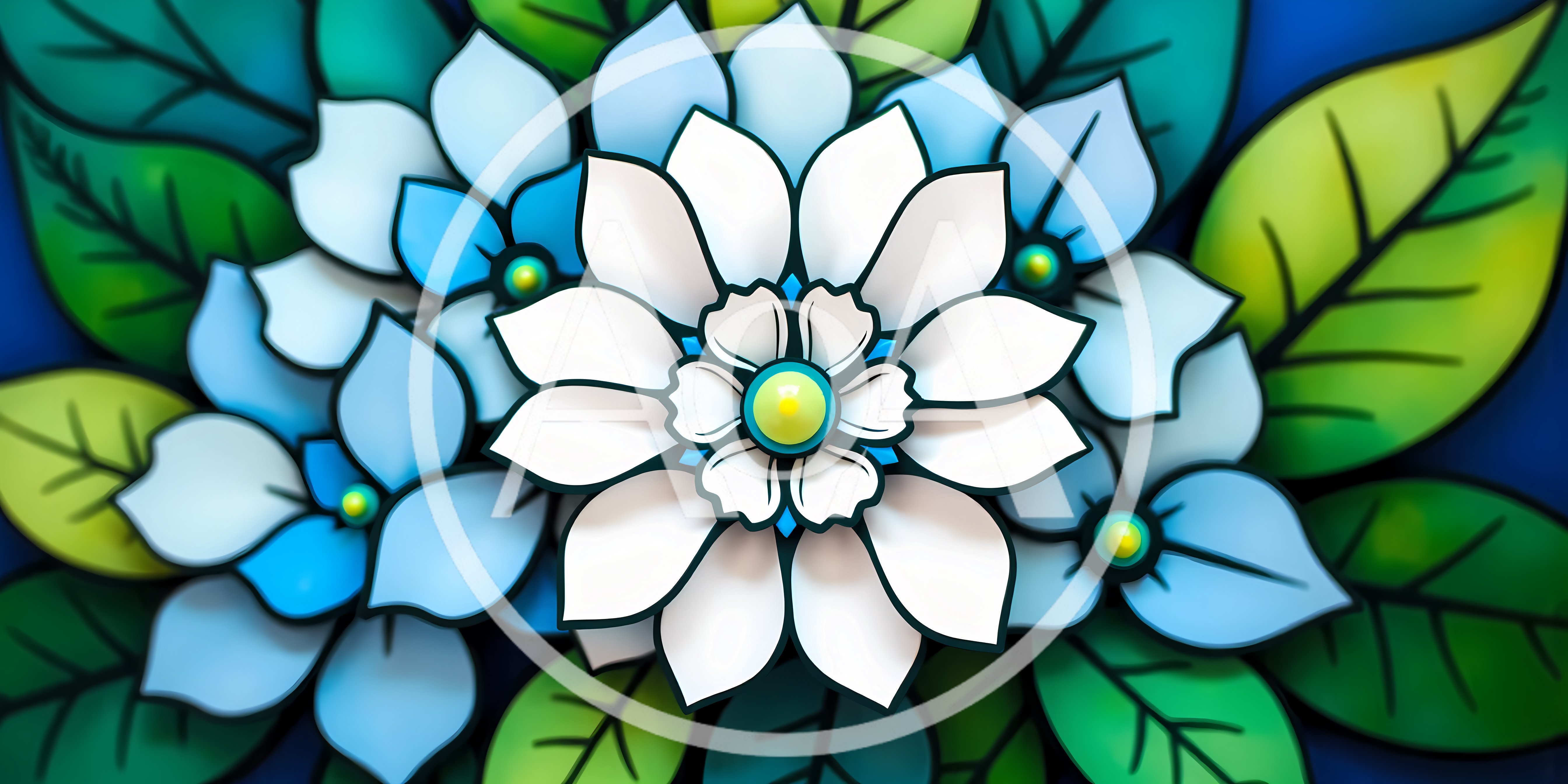 Stained Glass Style Floral Illustration With White And Blue Flowers