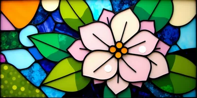 Stained Glass Floral Art With Pink Flower And Leaves