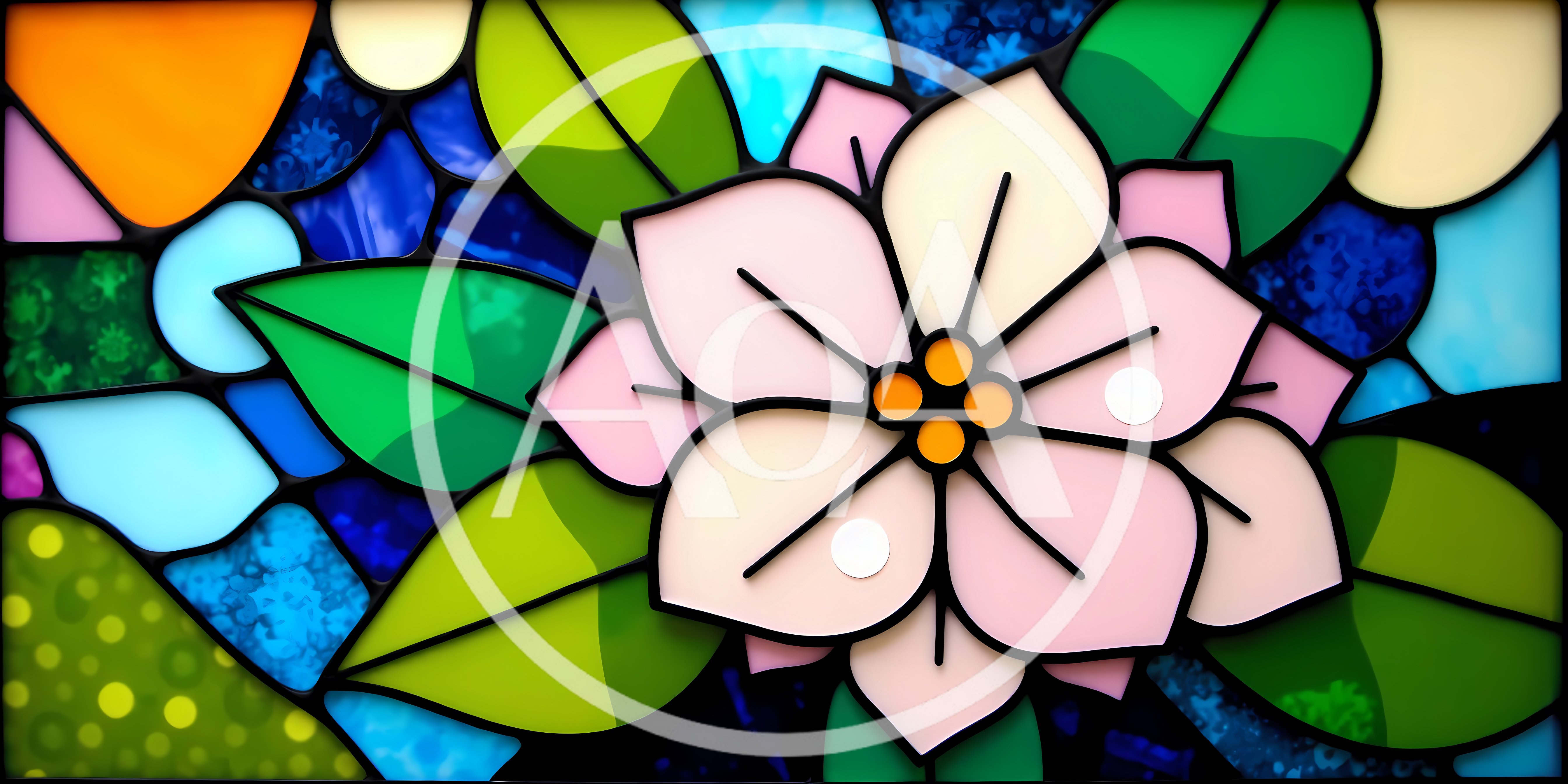 Stained Glass Floral Art With Pink Flower And Leaves
