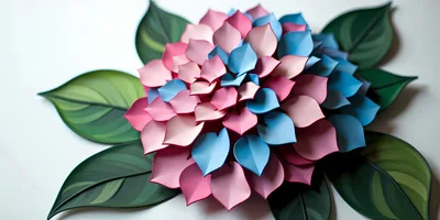 Paper Craft Hydrangea Flower With Green Leaves