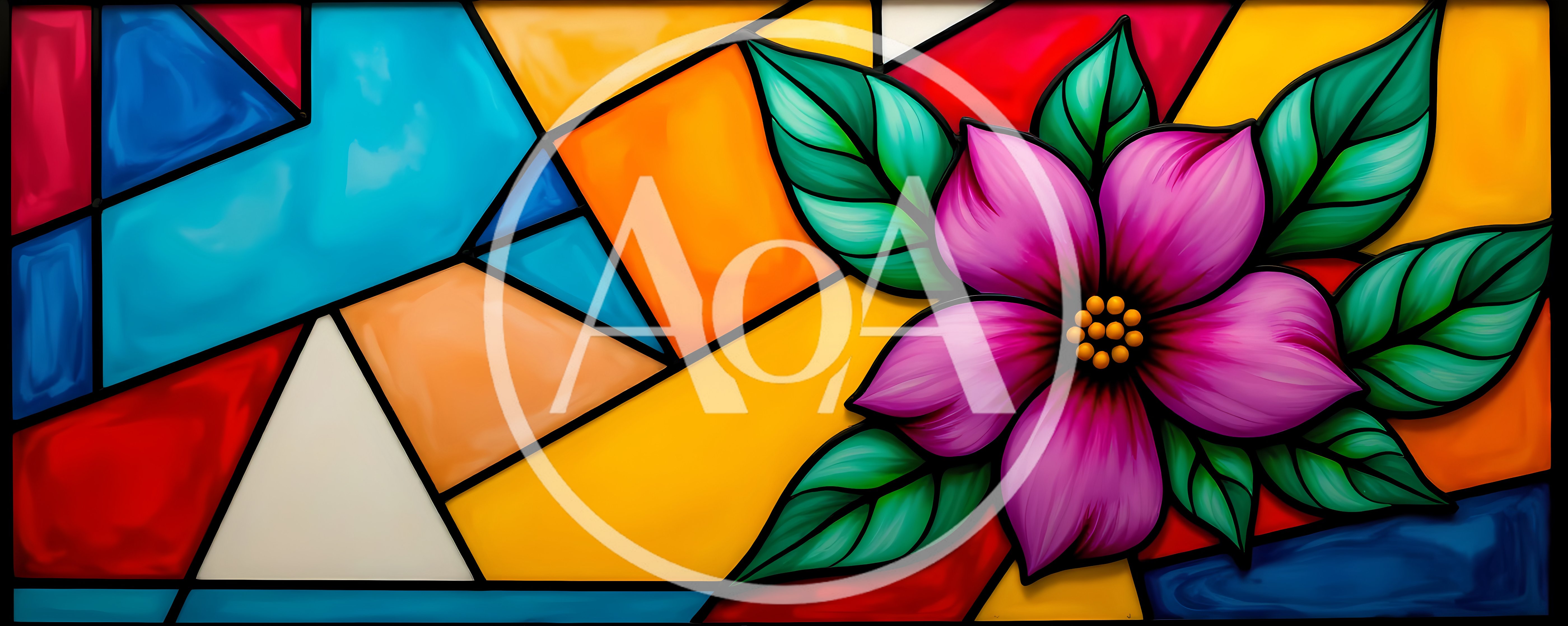 Stained Glass Window Featuring A Vibrant Pink Flower