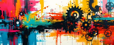 Abstract Mechanical Gears With Vibrant Paint Splatter Art