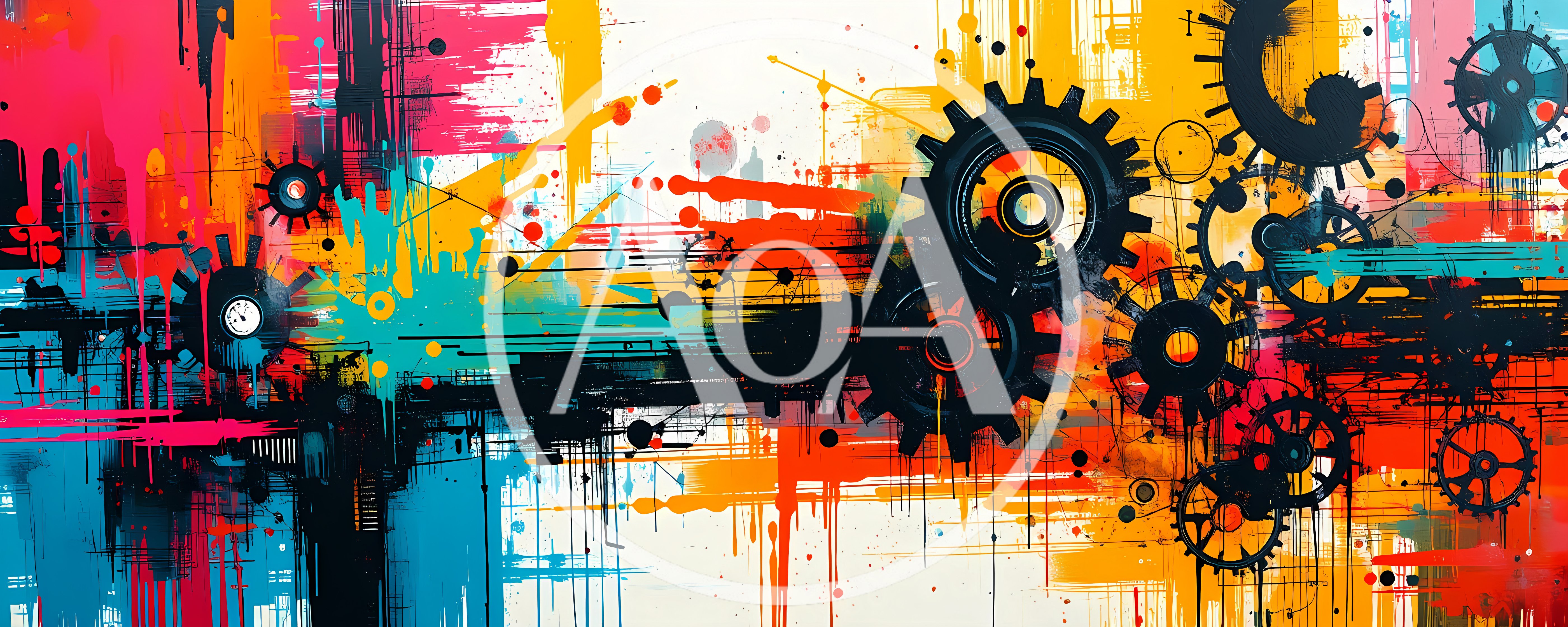 Abstract Mechanical Gears With Vibrant Paint Splatter Art