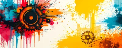 Abstract Mechanical Gears With Colorful Paint Splatter Background