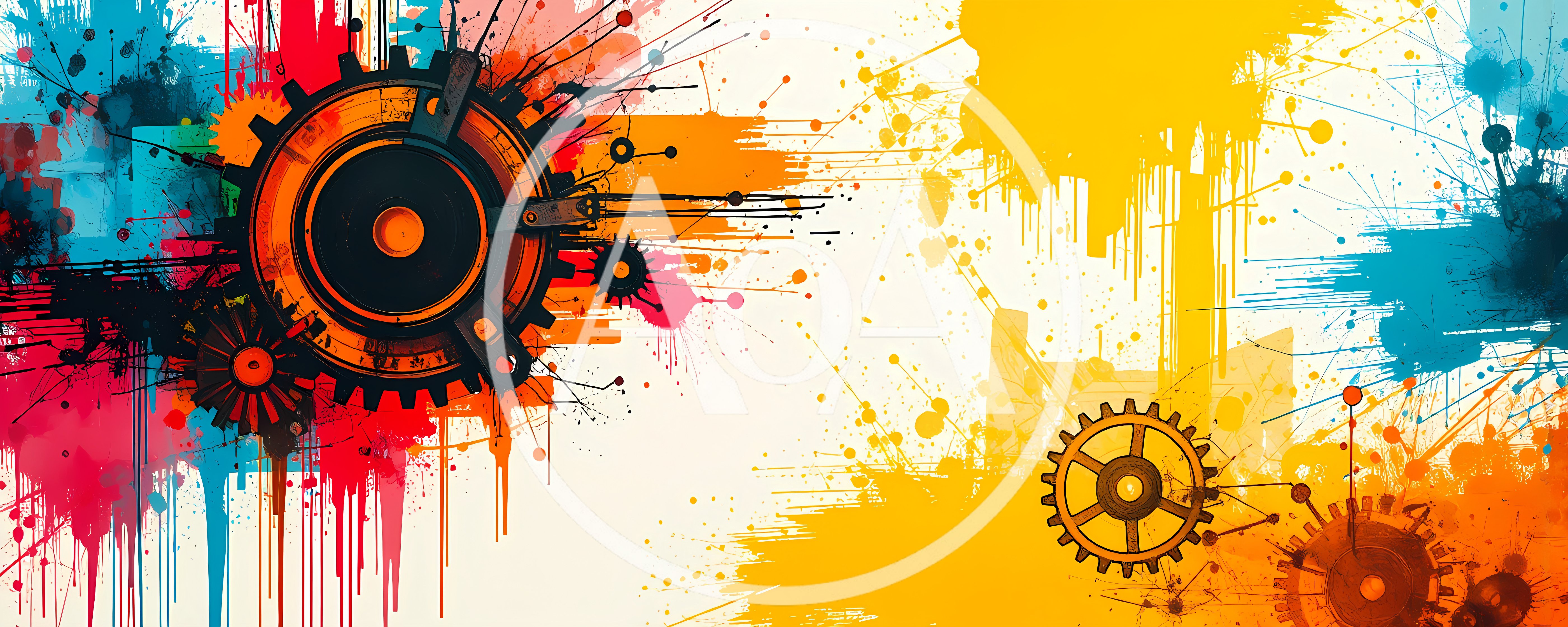 Abstract Mechanical Gears With Colorful Paint Splatter Background