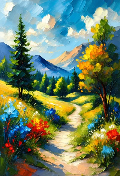 Impressionist Oil Painting Of A Mountain Meadow Path