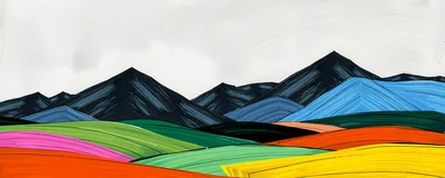 Abstract Painted Landscape With Colorful Rolling Hills And Mountains