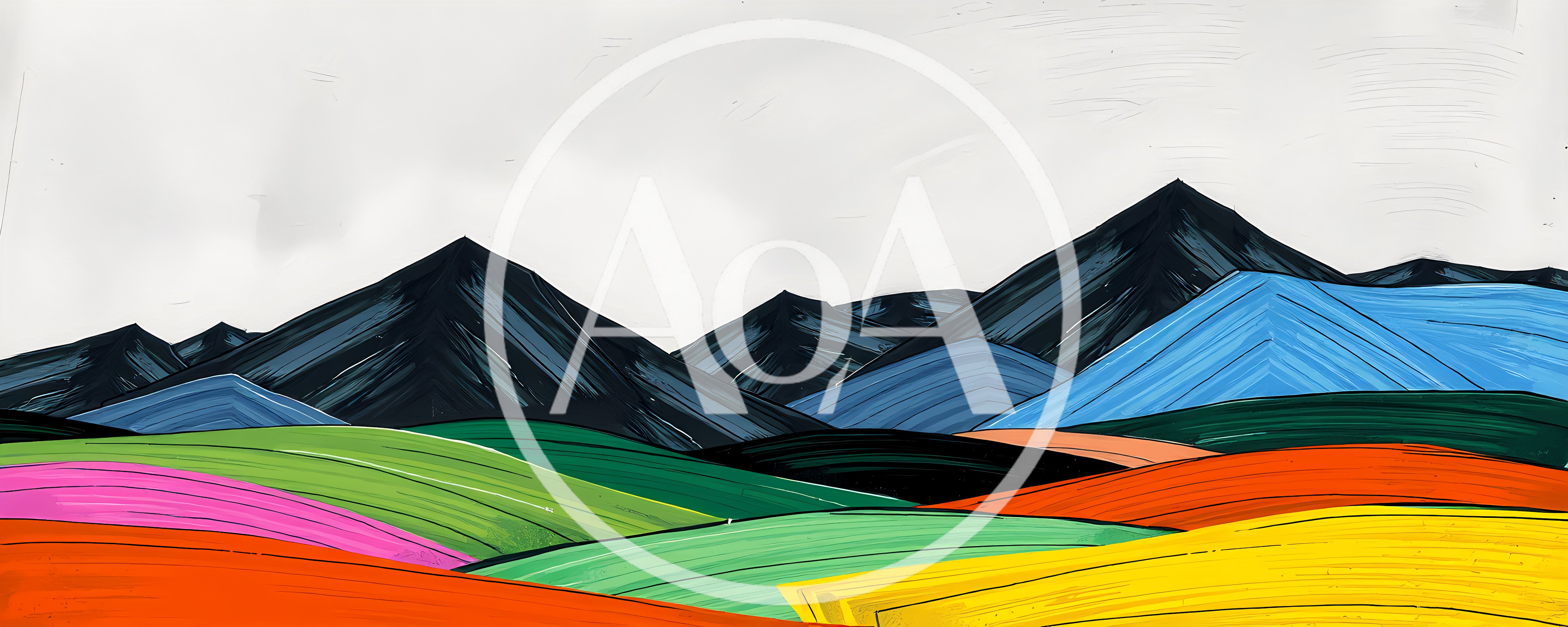 Abstract Painted Landscape With Colorful Rolling Hills And Mountains