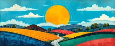 Stylized Landscape Illustration With Rolling Hills And Sun
