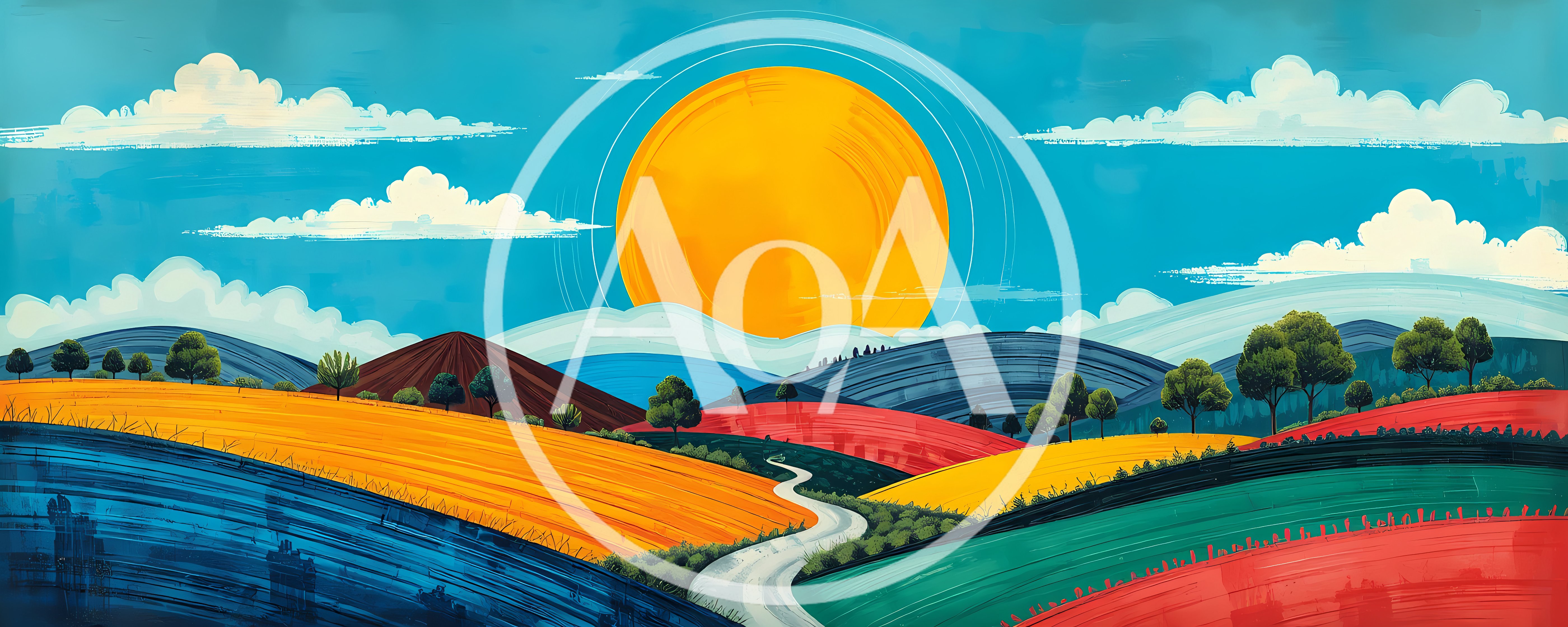 Stylized Landscape Illustration With Rolling Hills And Sun