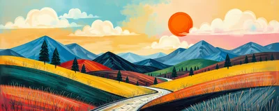 Stylized Landscape Painting of Rolling Hills and Mountains