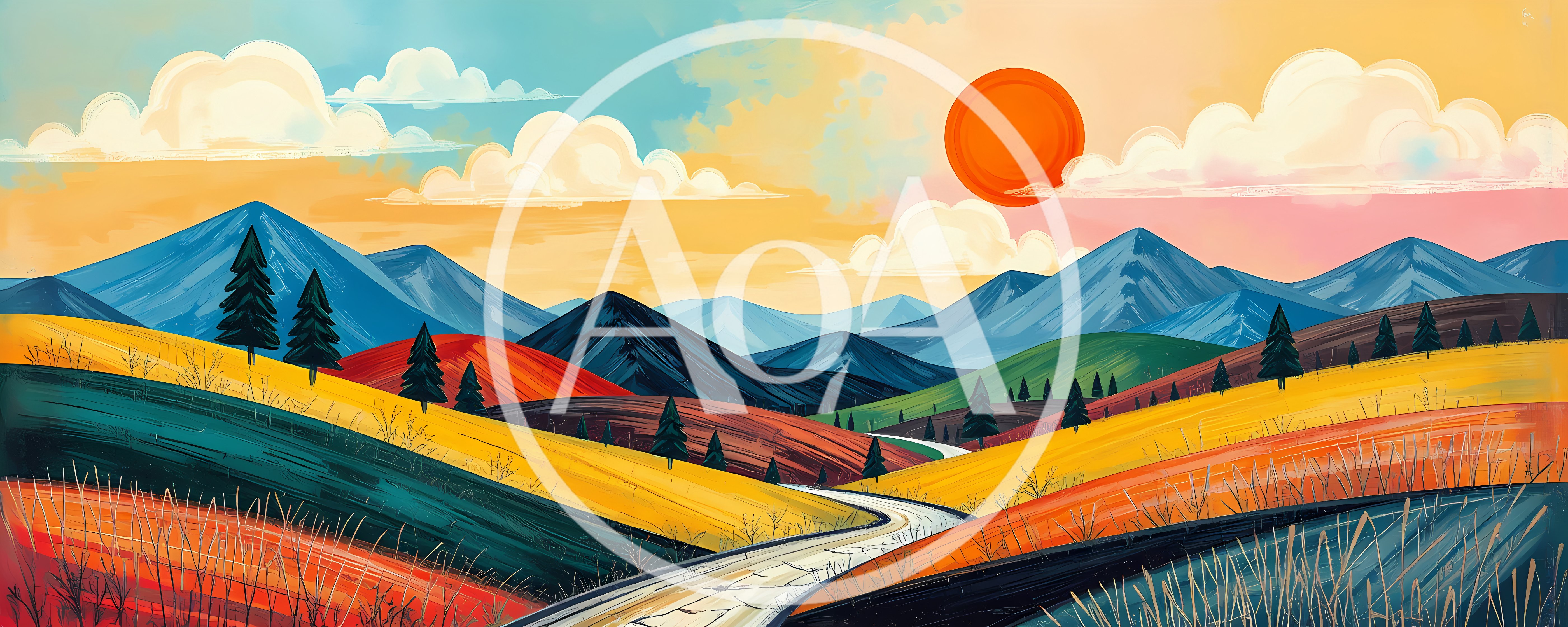 Stylized Landscape Painting of Rolling Hills and Mountains