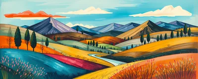 Stylized Landscape Painting Of Rolling Hills And Mountains
