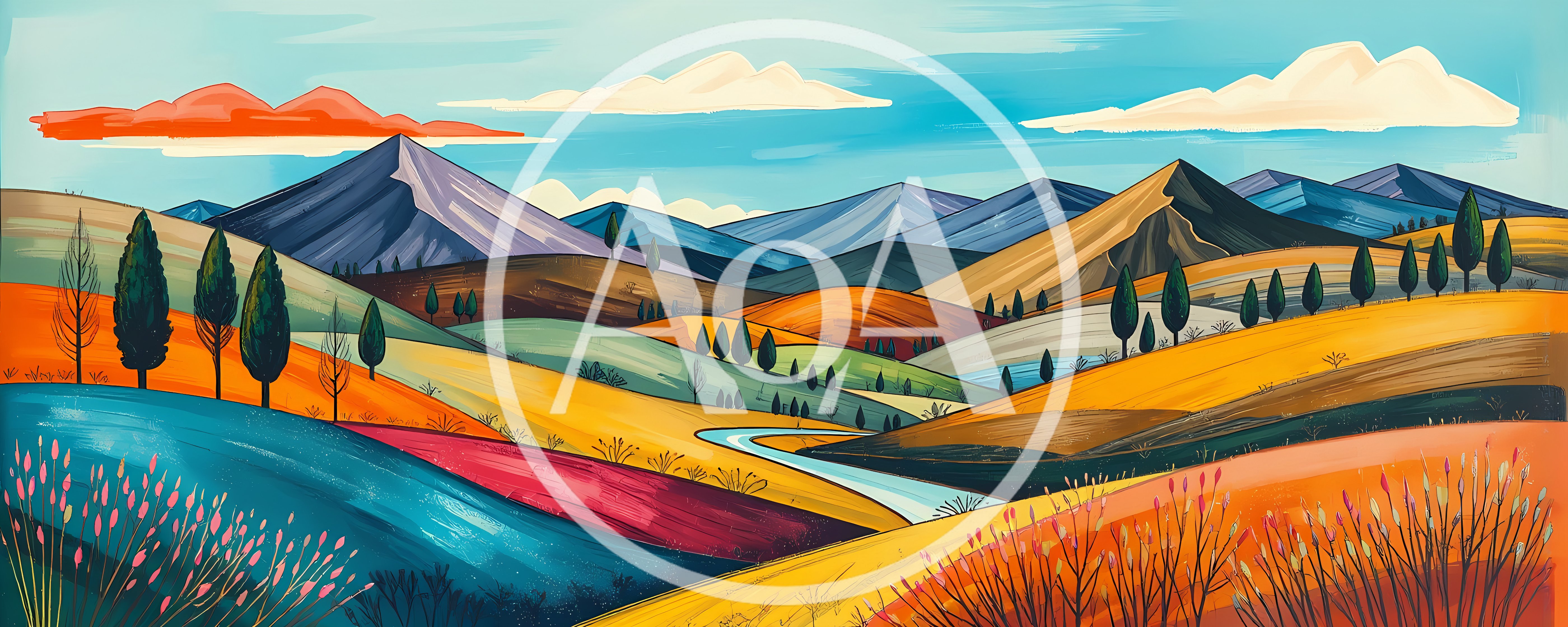 Stylized Landscape Painting Of Rolling Hills And Mountains