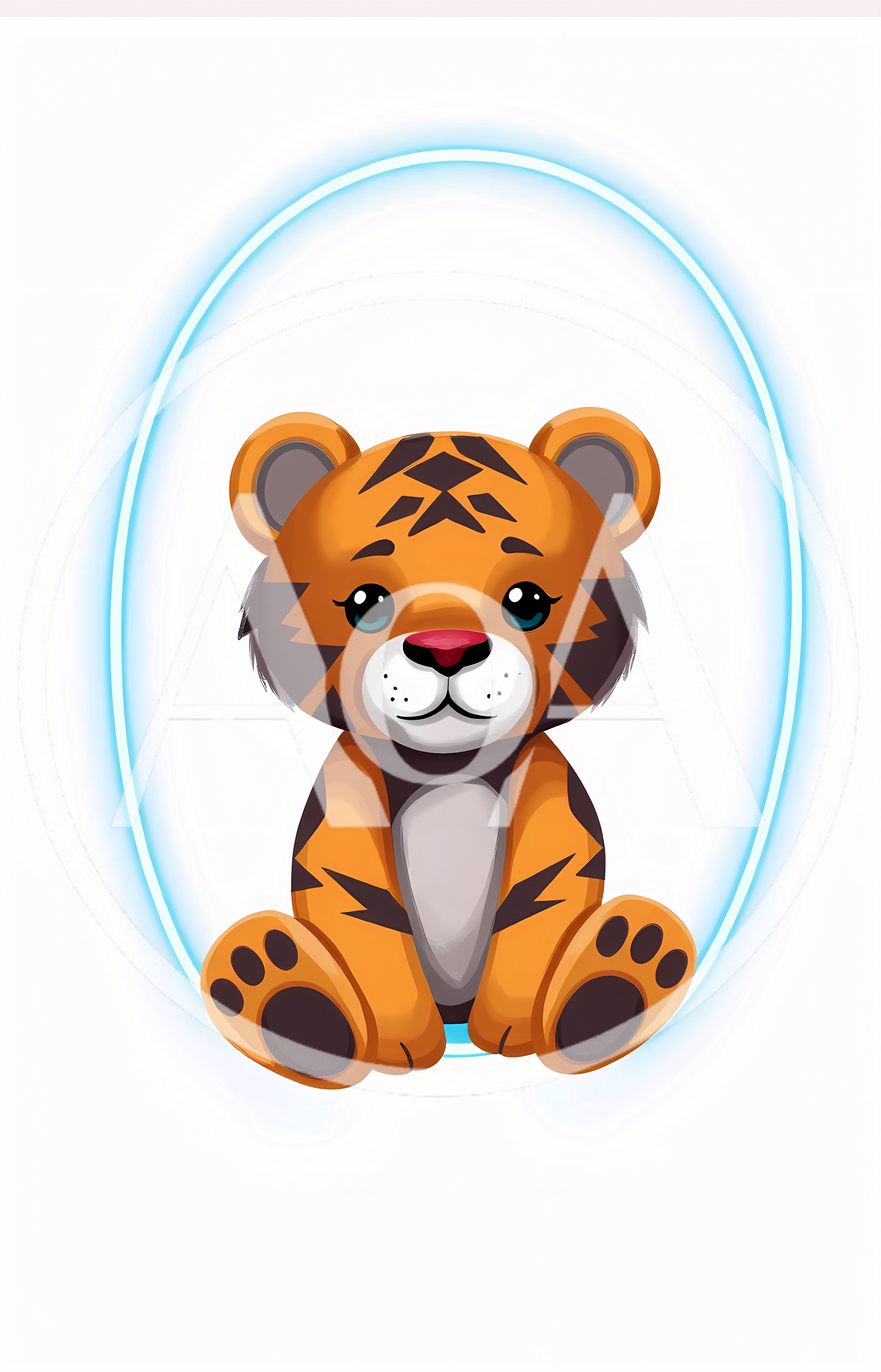 Cute Cartoon Tiger Cub Sitting Inside Glowing Blue Oval