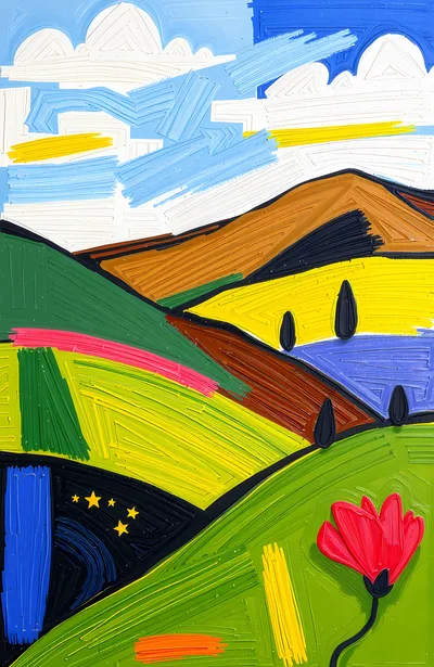 Abstract Impressionist Landscape Painting With Rolling Hills