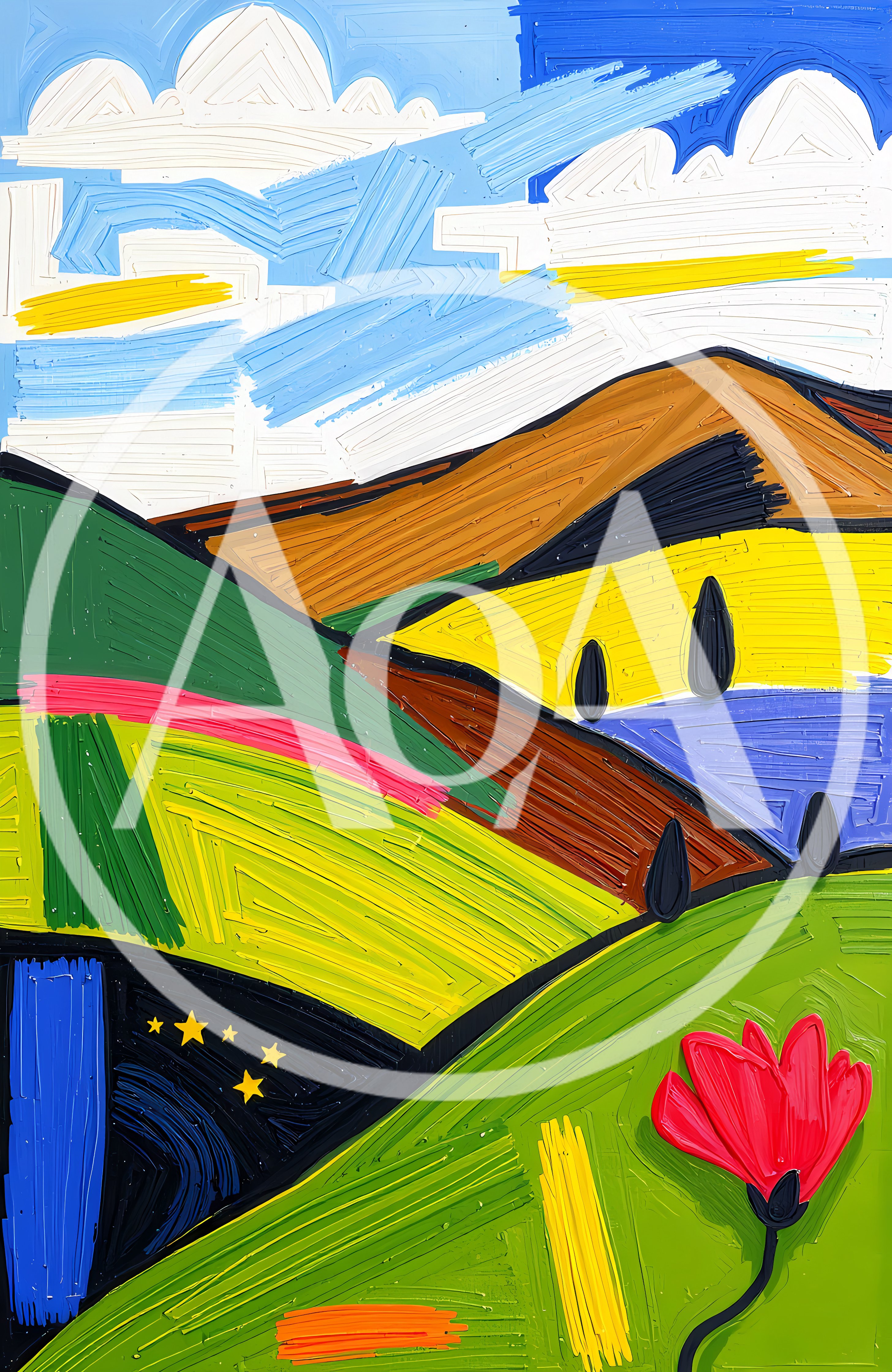 Abstract Impressionist Landscape Painting With Rolling Hills