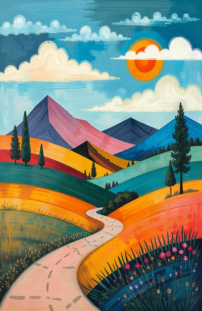 Stylized Landscape Painting With Winding Road And Mountains