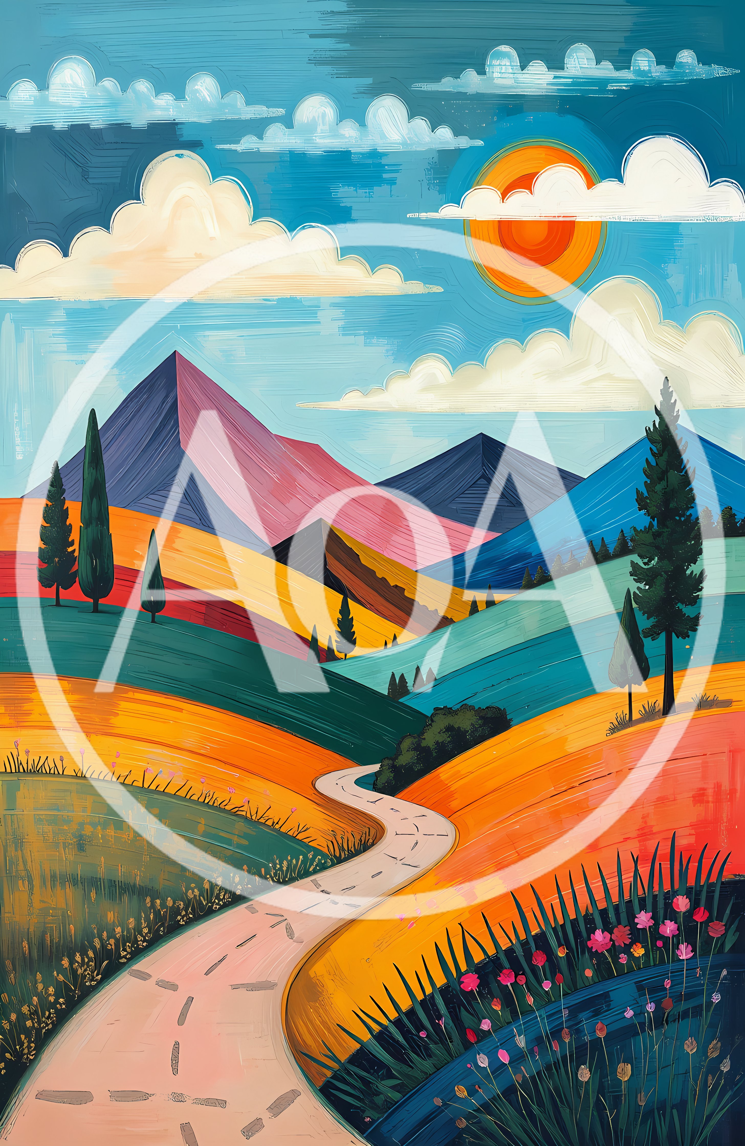 Stylized Landscape Painting With Winding Road And Mountains
