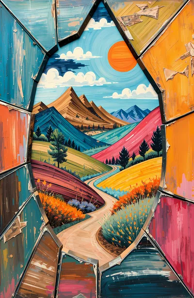Abstract Landscape Painting Through A Shattered Glass Frame